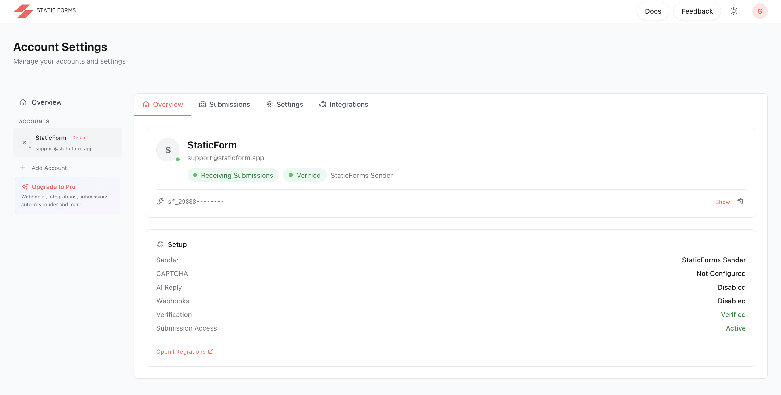 StaticForms.dev account overview showing the API key, two counters, and an Upgrade to Pro prompt in the sidebar