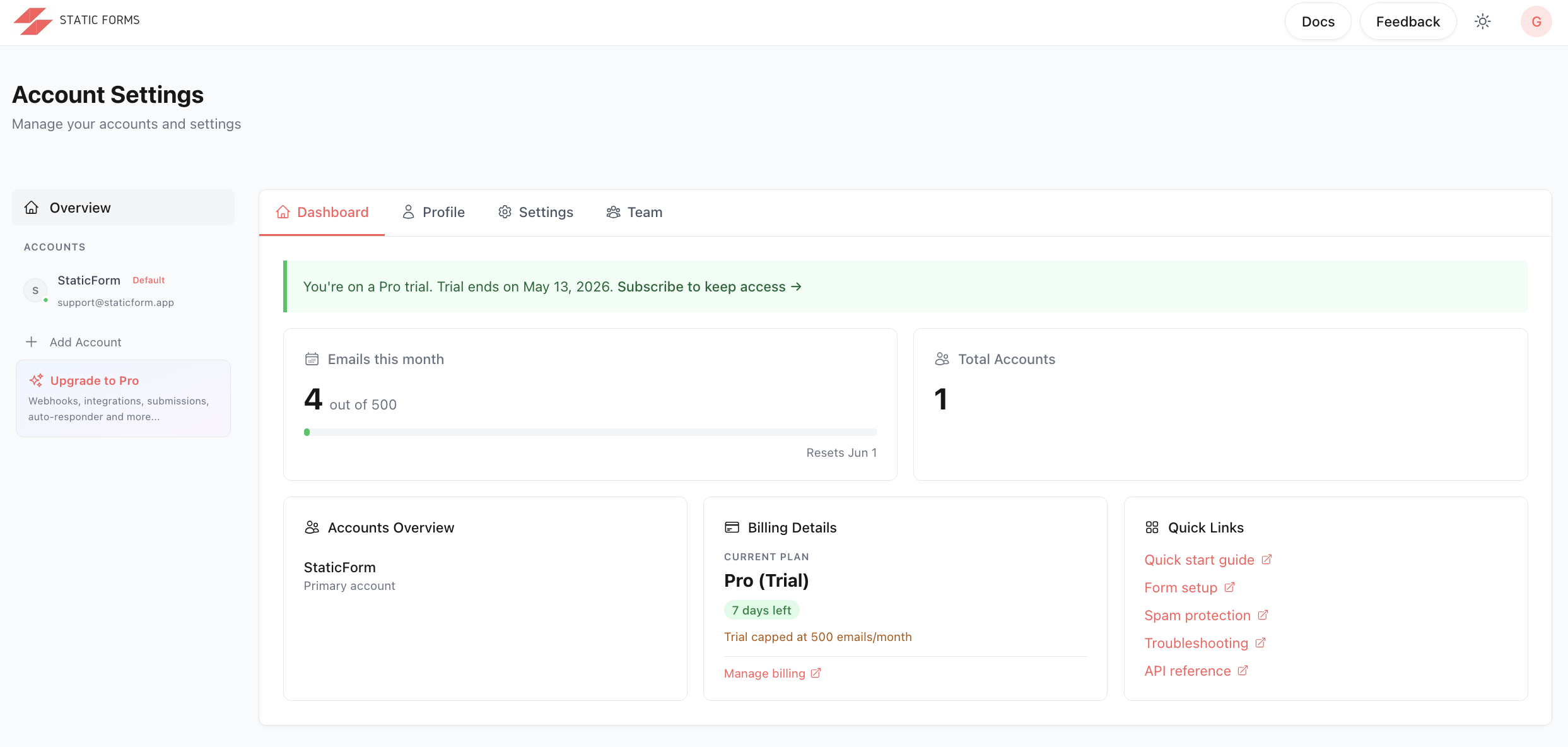 StaticForms.dev dashboard after sign-up showing Emails this month and Total accounts counters with an Add account button