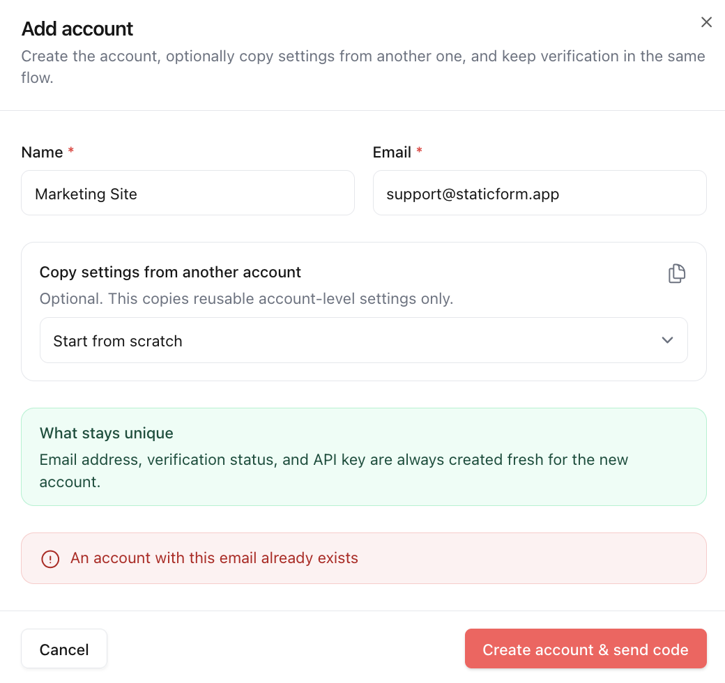 StaticForms.dev Add Account modal showing the duplicate email error: An account with this email already exists