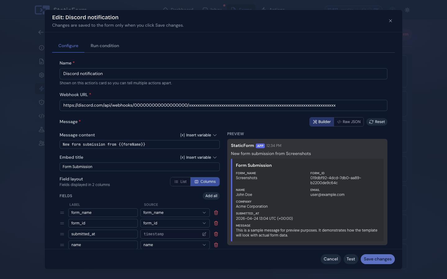 Configuring a Discord webhook action
