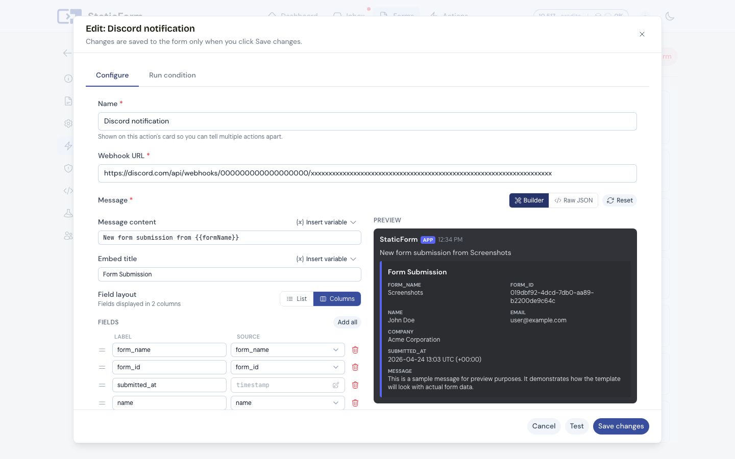 Configuring a Discord webhook action