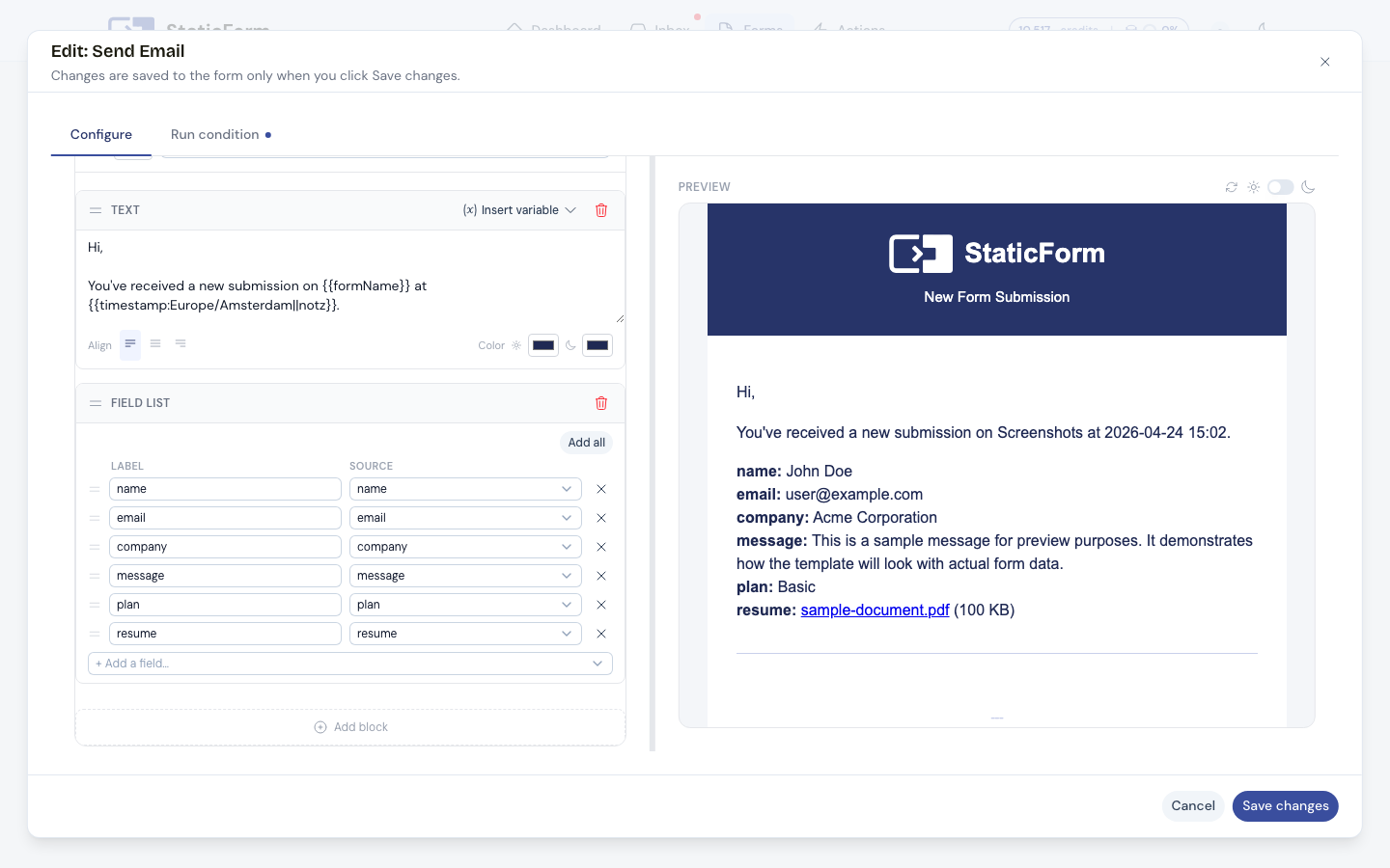 Email action configuration