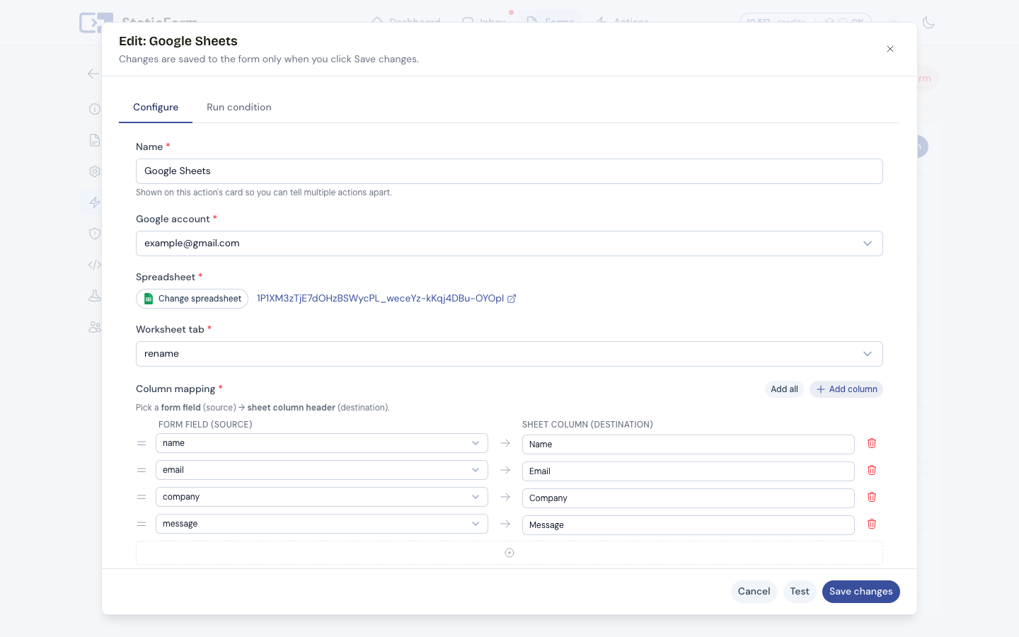 Google Sheets action configuration