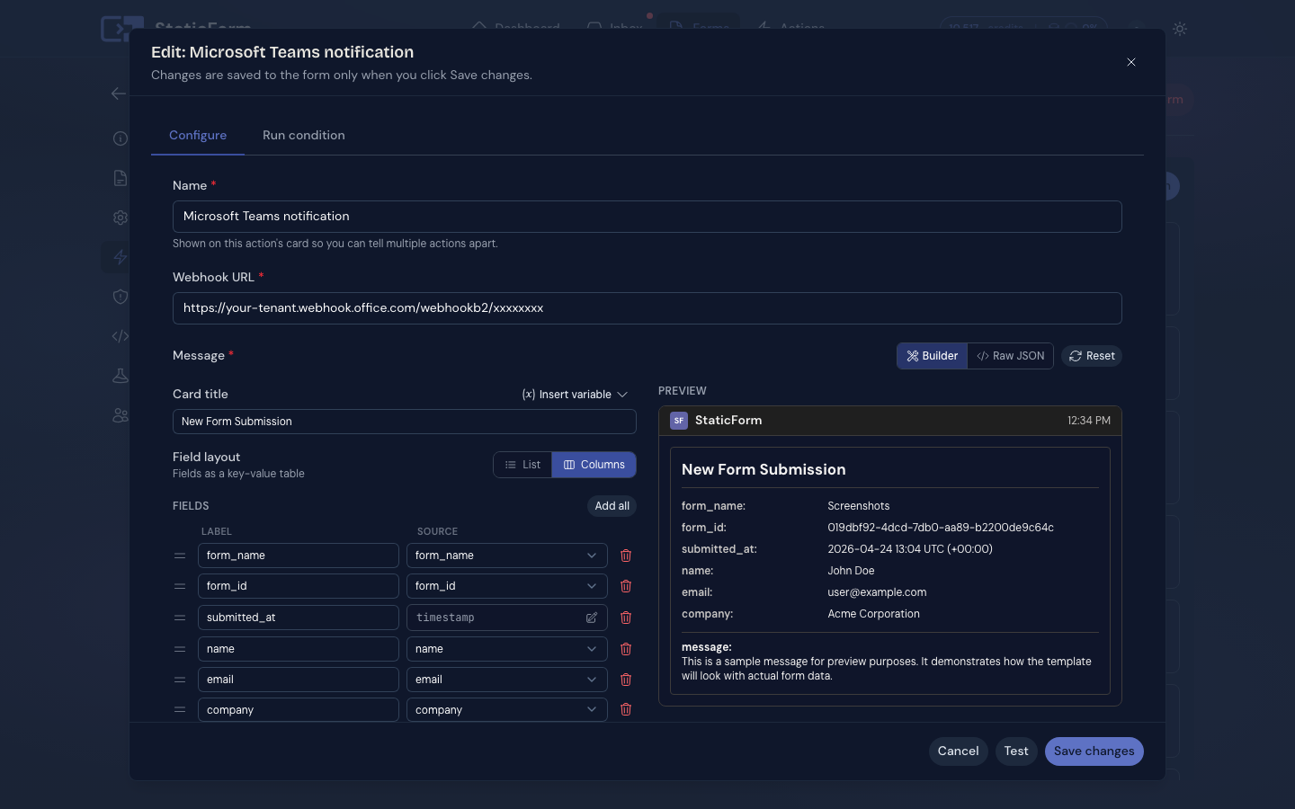 Configuring a Microsoft Teams webhook action