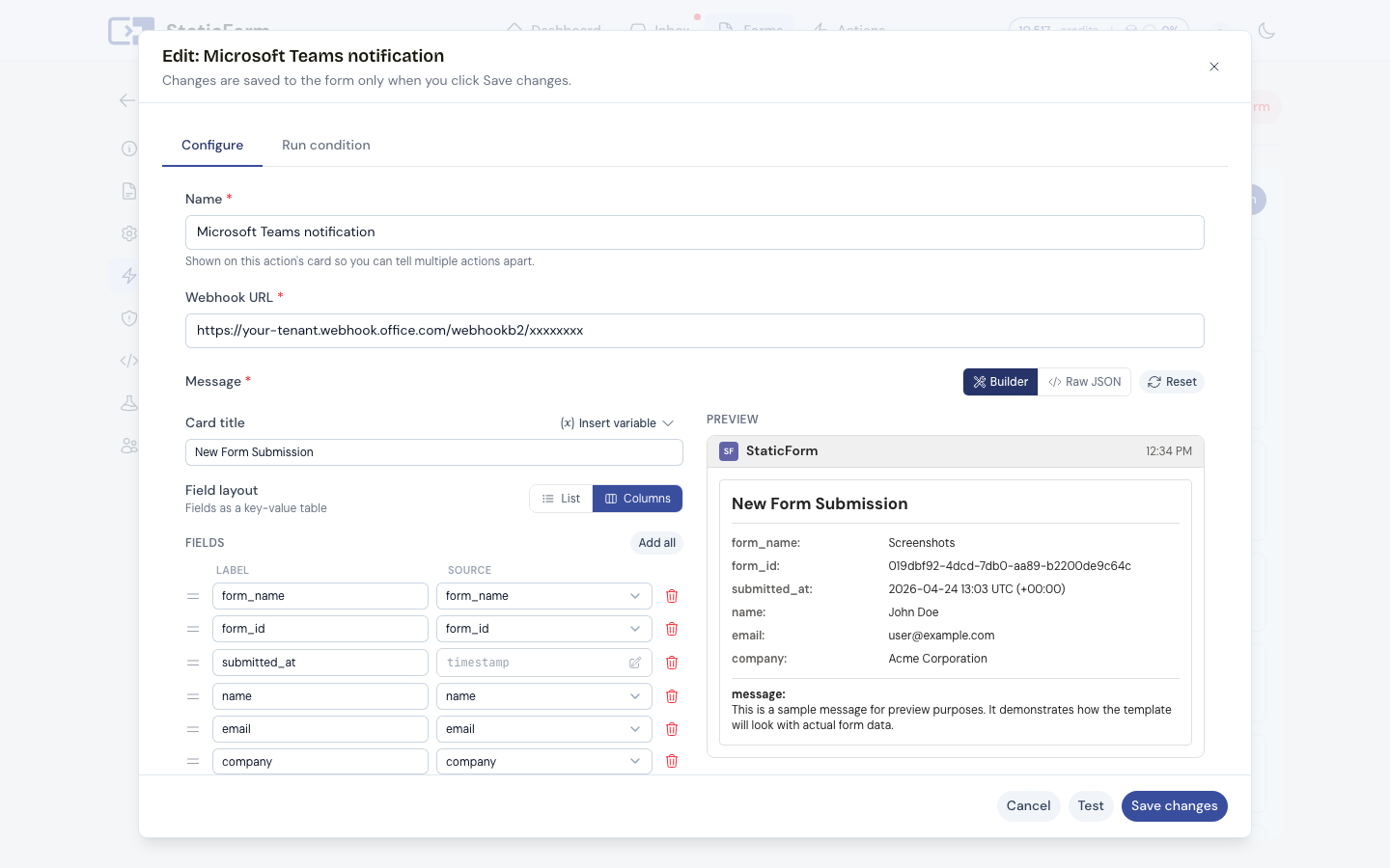 Configuring a Microsoft Teams webhook action