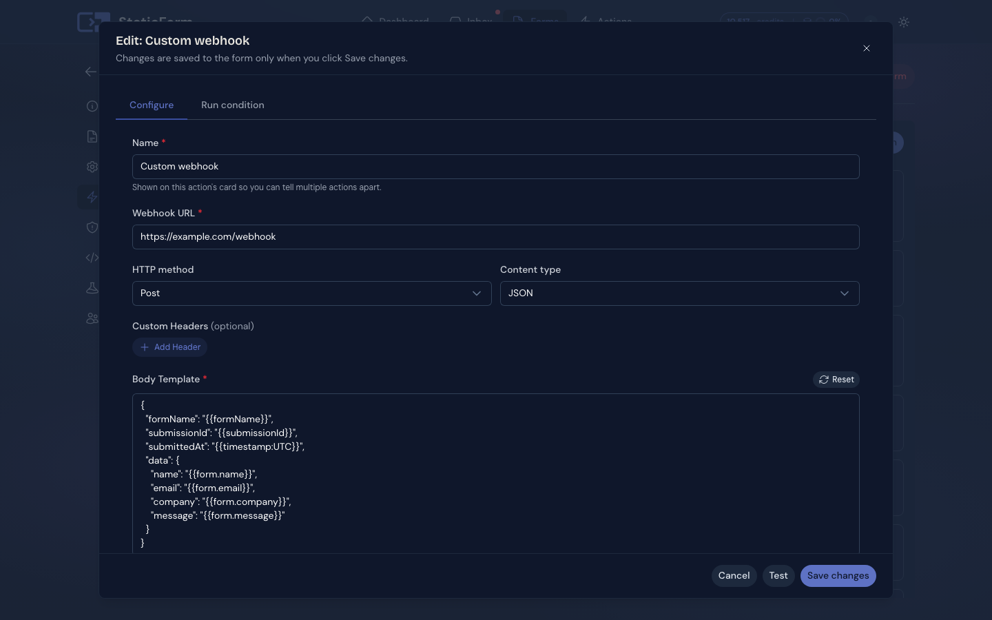 Configuring a custom webhook action