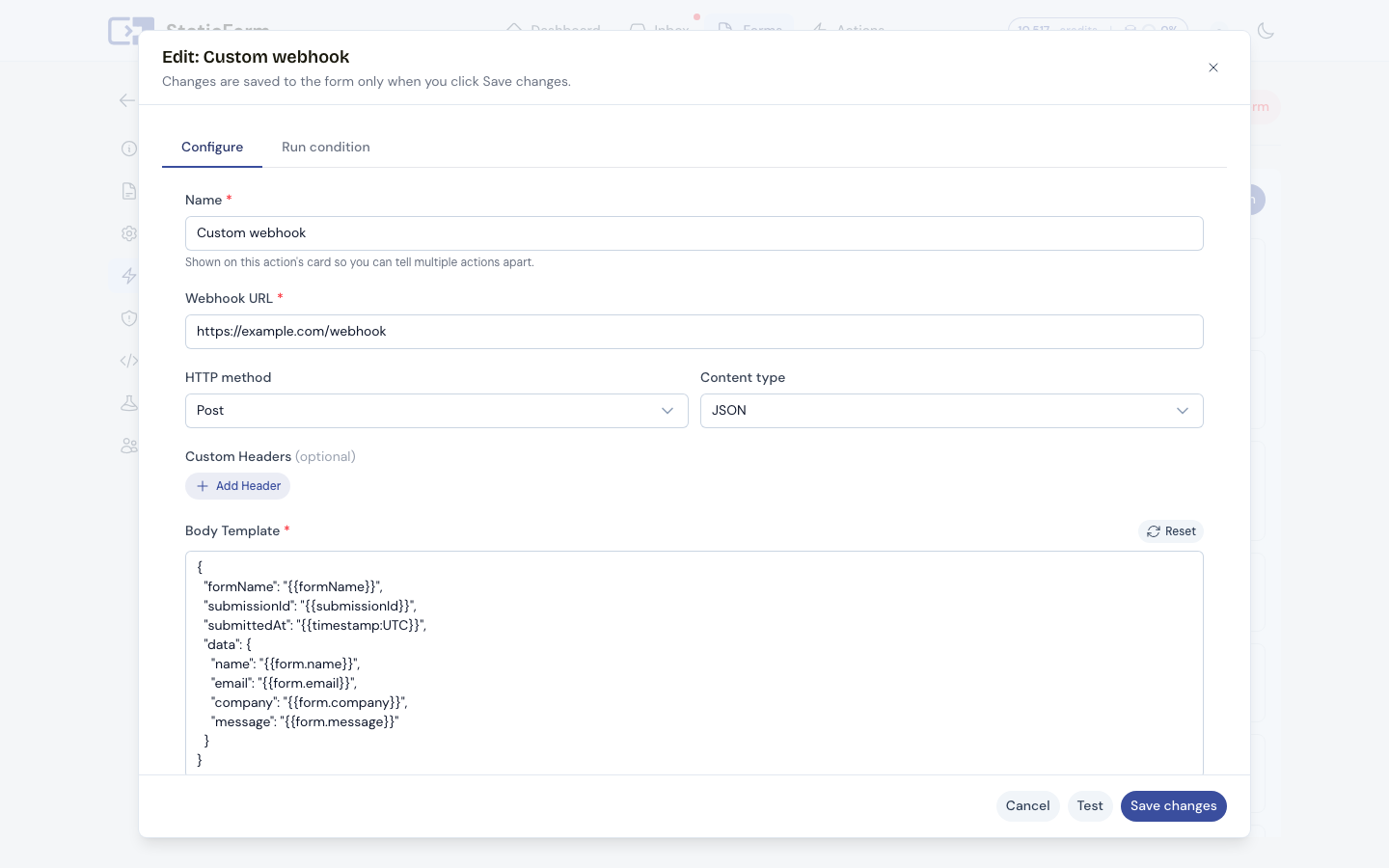 Configuring a custom webhook action