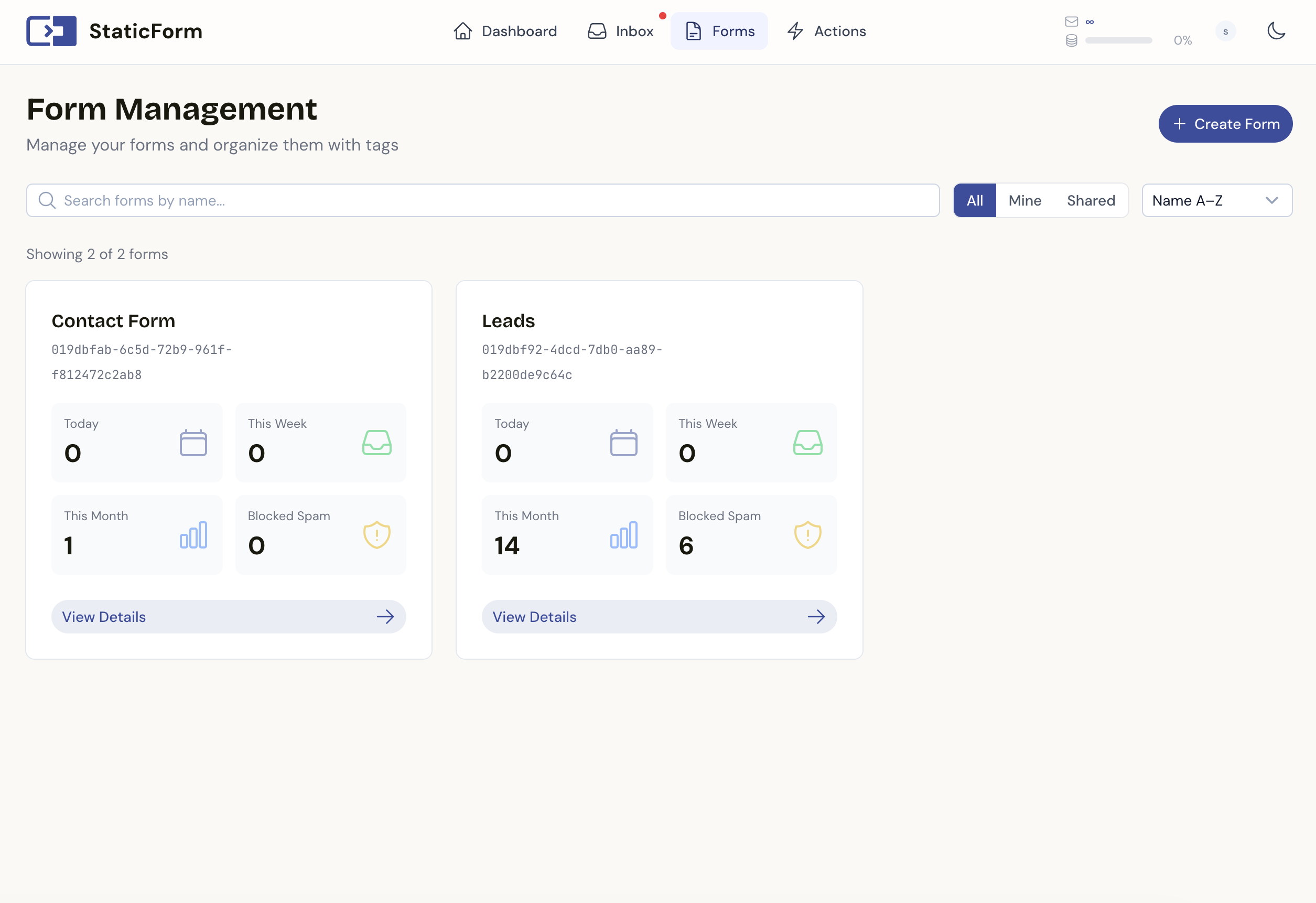 StaticForm forms overview showing multiple forms under one account