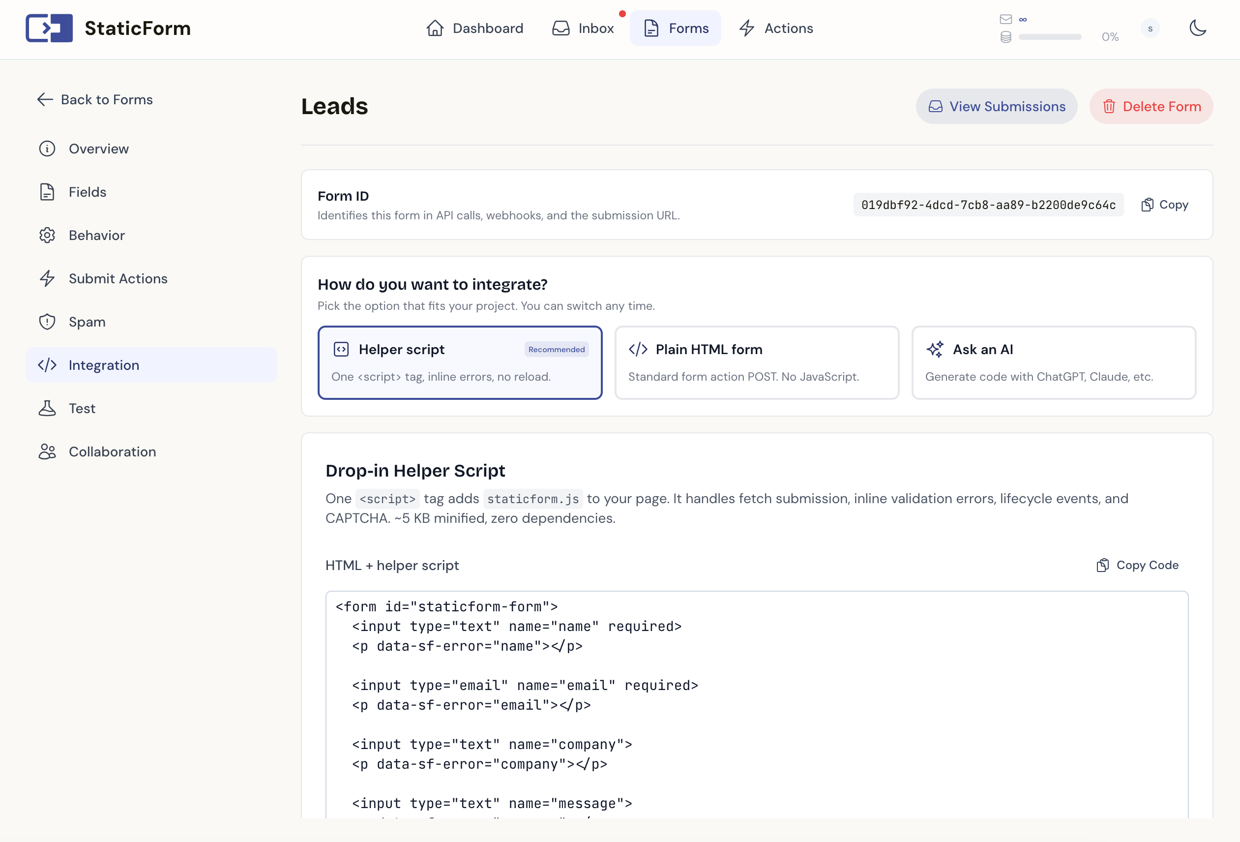 StaticForm integration tab showing a generated HTML snippet, JavaScript helper example, and AI prompt
