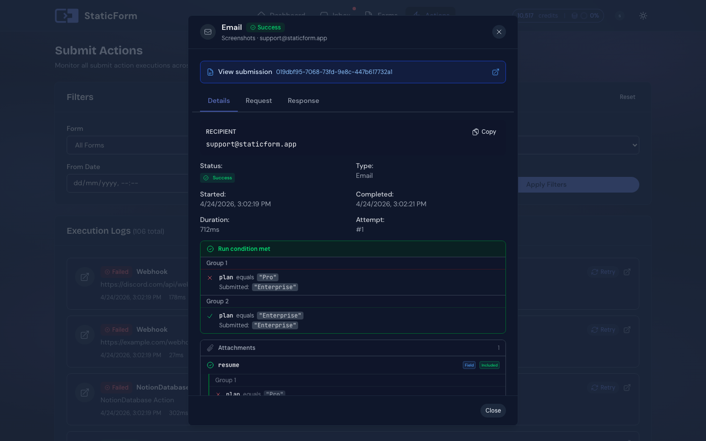 Execution log detail showing submit action results