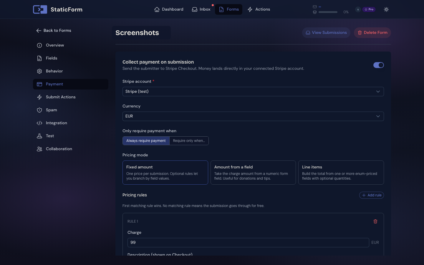 Collect payment on submission