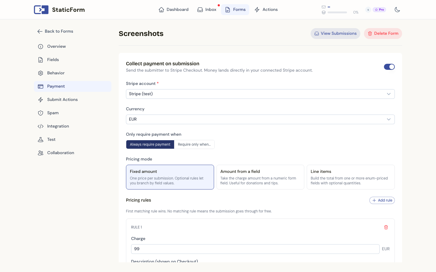 Collect payment on submission