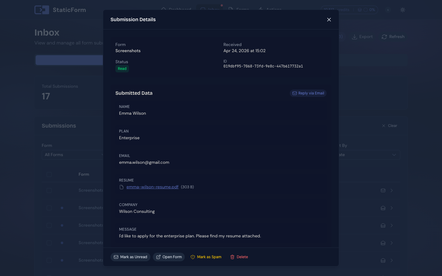 Submission detail showing a file attachment