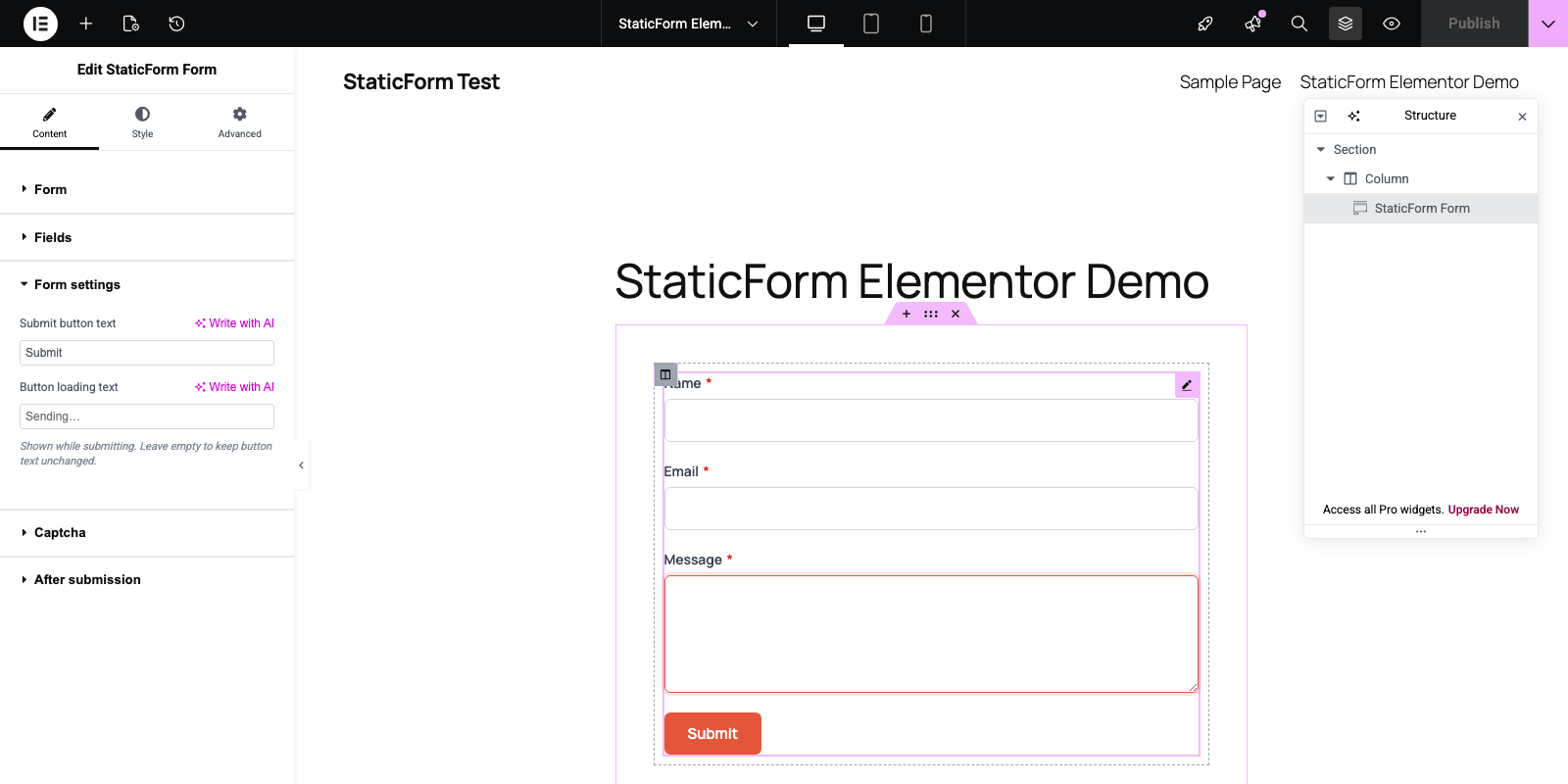 StaticForm widget in the Elementor editor