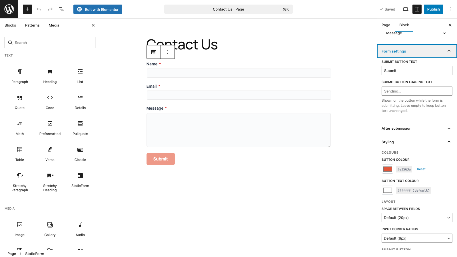 StaticForm block in the Gutenberg editor
