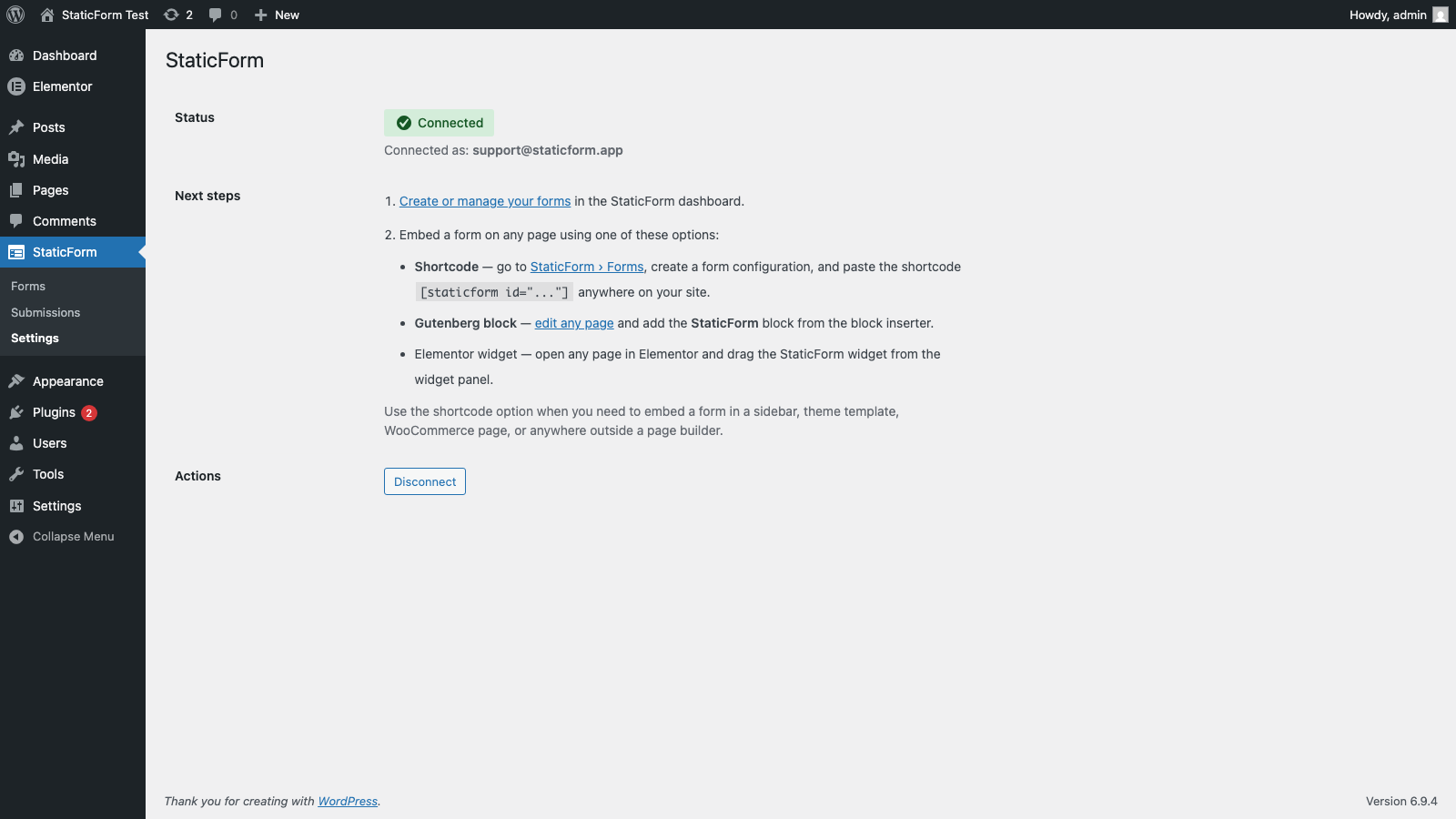 StaticForm plugin settings page showing Connected status